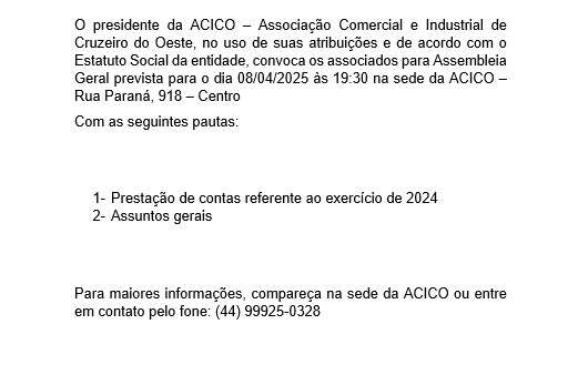 CONVOCAÇÃO PARA ASSEMBLEIA GERAL A TODOS ASSOCIADOS.
